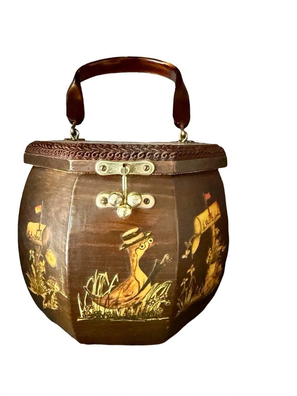 Vintage Handmade Wooden Duck Decoupage Box Purse Lucite Handle, folk art - Picture 5 of 17